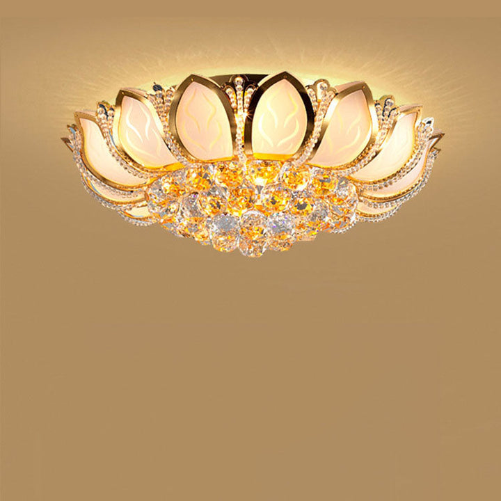 Modern Luxury Golden Glamour Lotus Frosted Glass Base Crystal Bead 4/6-Light Flush Mount Ceiling Light For Living Room