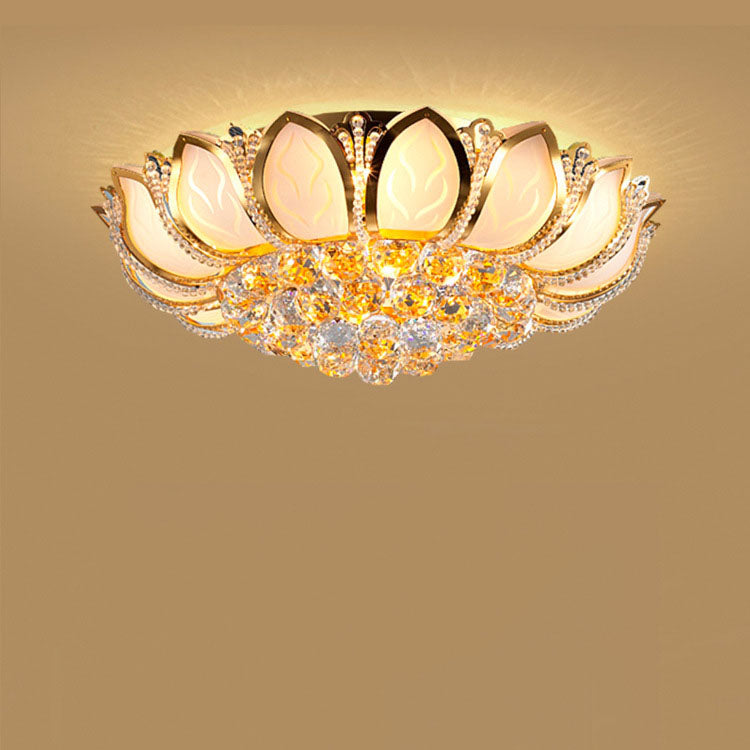 Lustre Moderne de Luxe Doré Glamour avec Base en Verre Dépoli Lotus et Perles de Cristal 4/6 Lumières Plafonnier pour Salon 