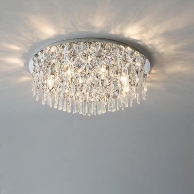 Luxe contemporain Éblouissant chaînes de cristal prismatiques Cadre rond en acier inoxydable Plafonnier encastré à 2/6/8 lumières pour salon 