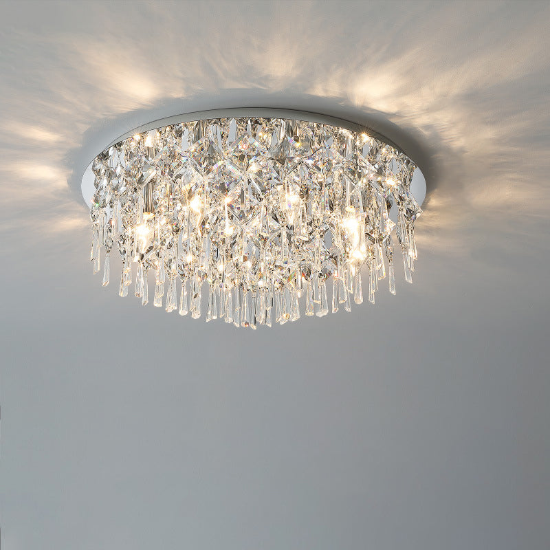 Luxe contemporain Éblouissant chaînes de cristal prismatiques Cadre rond en acier inoxydable Plafonnier encastré à 2/6/8 lumières pour salon 