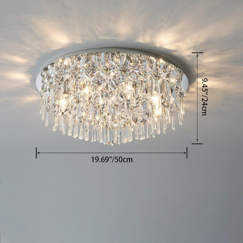Luxe contemporain Éblouissant chaînes de cristal prismatiques Cadre rond en acier inoxydable Plafonnier encastré à 2/6/8 lumières pour salon 