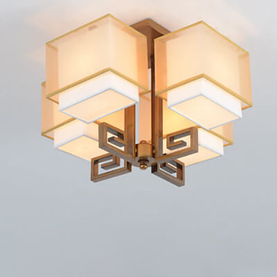 Modern Chinese Fabric Square Geometric Hardware 4-Light Semi-Flush Mount Ceiling Light