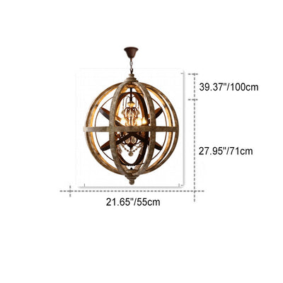 Lustre Rustique Traditionnel en Bois Vieilli avec Sphère en Cristal 4/5 Lumières pour Salon 