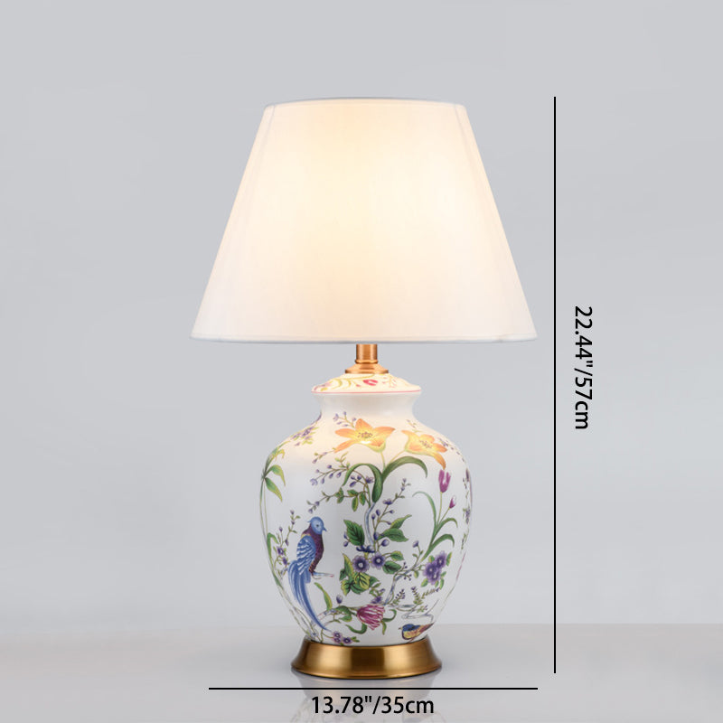 Lampe de table 1 lumière en céramique ovale ronde chinoise traditionnelle avec motif de fleurs et d&