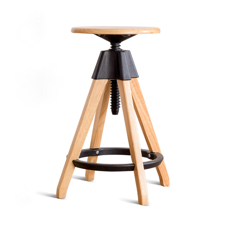 Traditioneller Vintage-Thekenhocker aus Gummibaumholz, rund, mit höhenverstellbarer Nylon-Gewindestange, drehbar, mit Fußstütze, für die Küche 