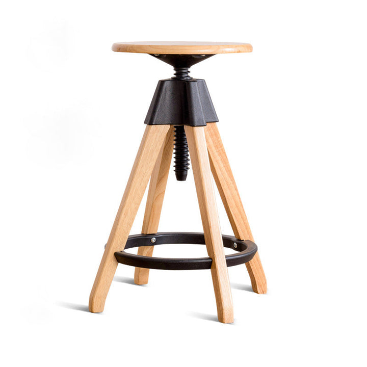 Traditioneller Vintage-Thekenhocker aus Gummibaumholz, rund, mit höhenverstellbarer Nylon-Gewindestange, drehbar, mit Fußstütze, für die Küche 