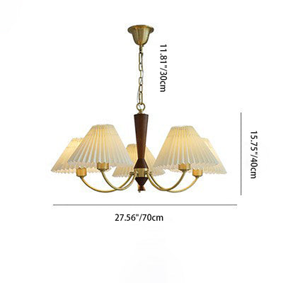 Traditional Vintage Pleated Fabric Shade Wood Brass Frame 3/5-Light Chandelier For Living Room