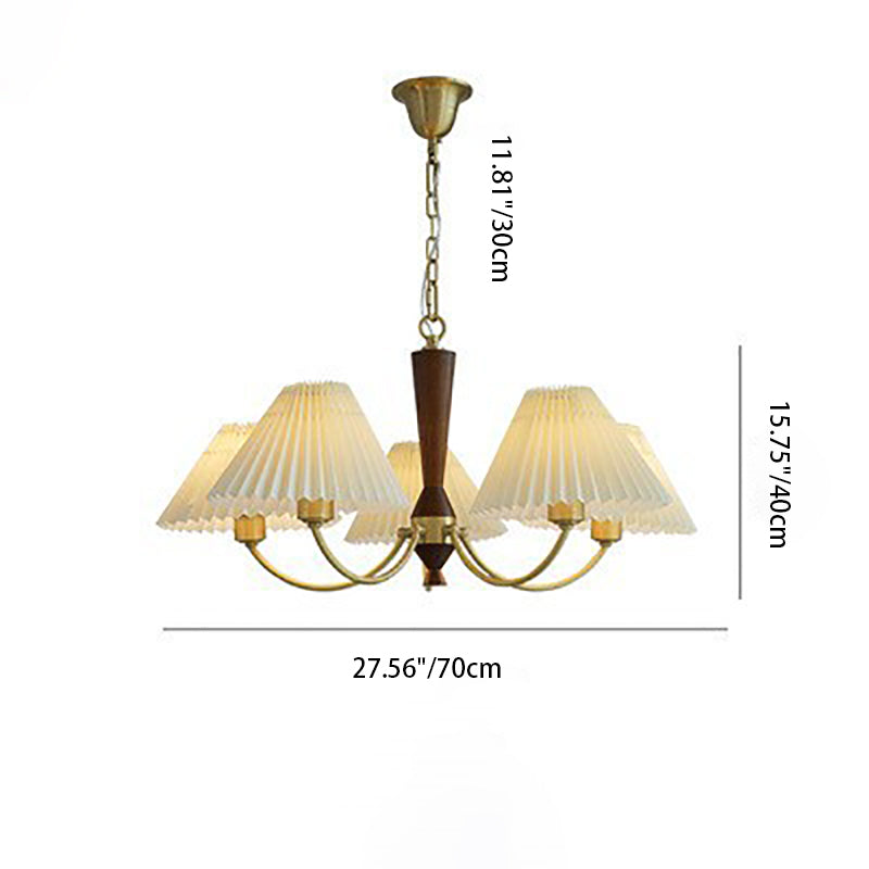 Traditional Vintage Pleated Fabric Shade Wood Brass Frame 3/5-Light Chandelier For Living Room