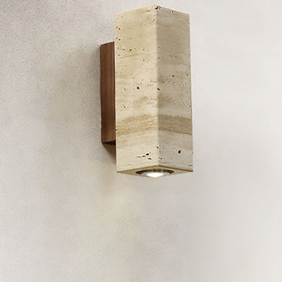 Japanischer Wabi-Sabi Runder Quadrat Gelber Travertin Gummi Holz 1-Licht Spotlight Wandleuchte 