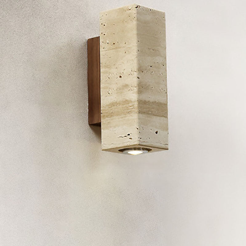 Japanischer Wabi-Sabi Runder Quadrat Gelber Travertin Gummi Holz 1-Licht Spotlight Wandleuchte 