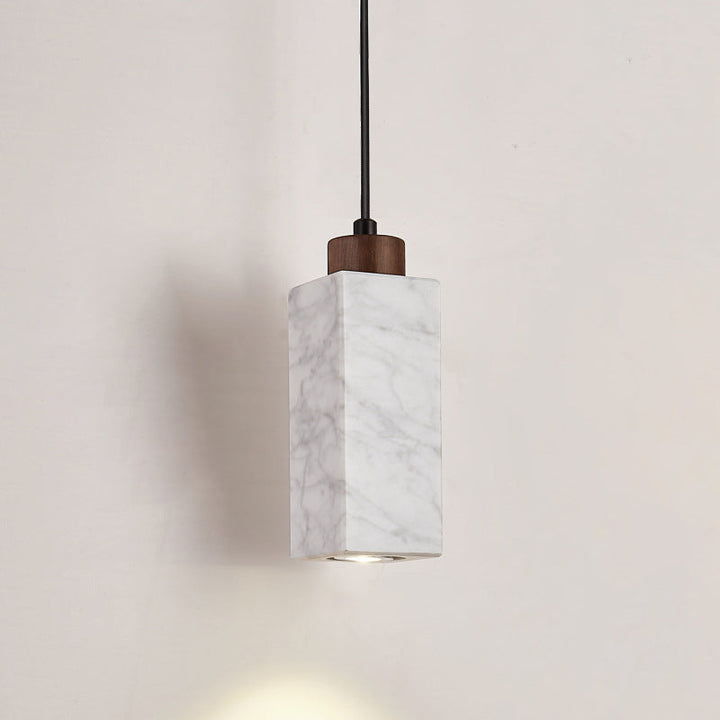 Lámpara colgante moderna minimalista rectangular de madera maciza y mármol de 1 luz para dormitorio 