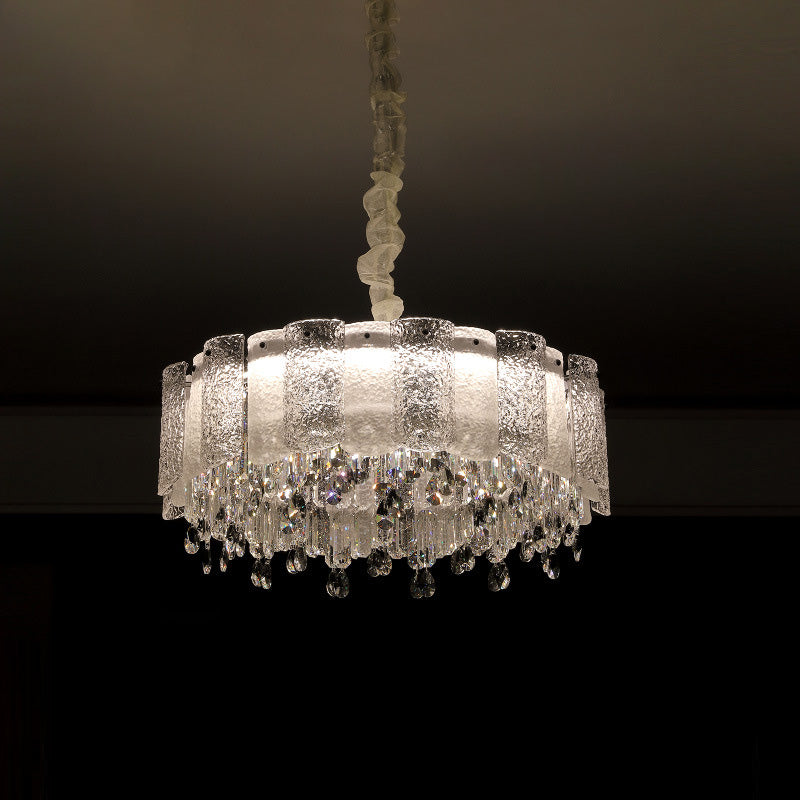 Traditionelle französische runde Ripple-Metallkristallglas-LED-Kronleuchter für Wohnzimmer 