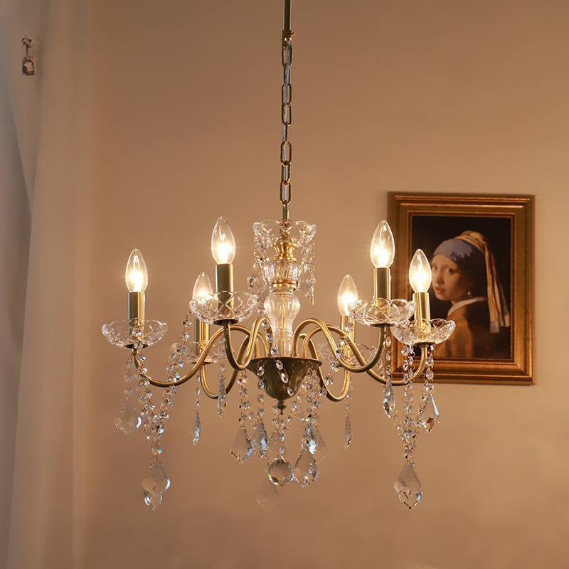 Candelabro de Cristal Redondo Francés Tradicional de Rama Completa de Latón Vidrio 5/6/8 Luces para Sala de Estar 