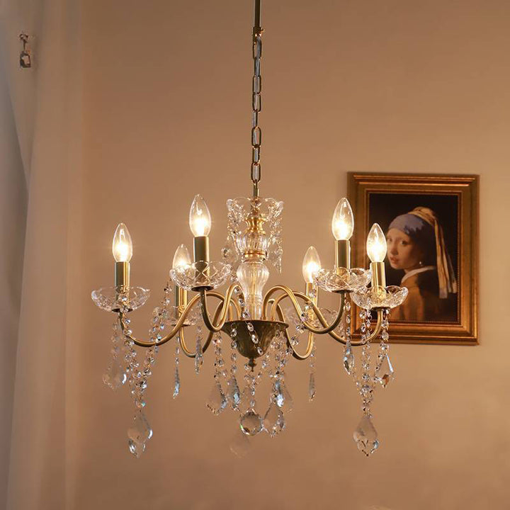 Candelabro de Cristal Redondo Francés Tradicional de Rama Completa de Latón Vidrio 5/6/8 Luces para Sala de Estar 