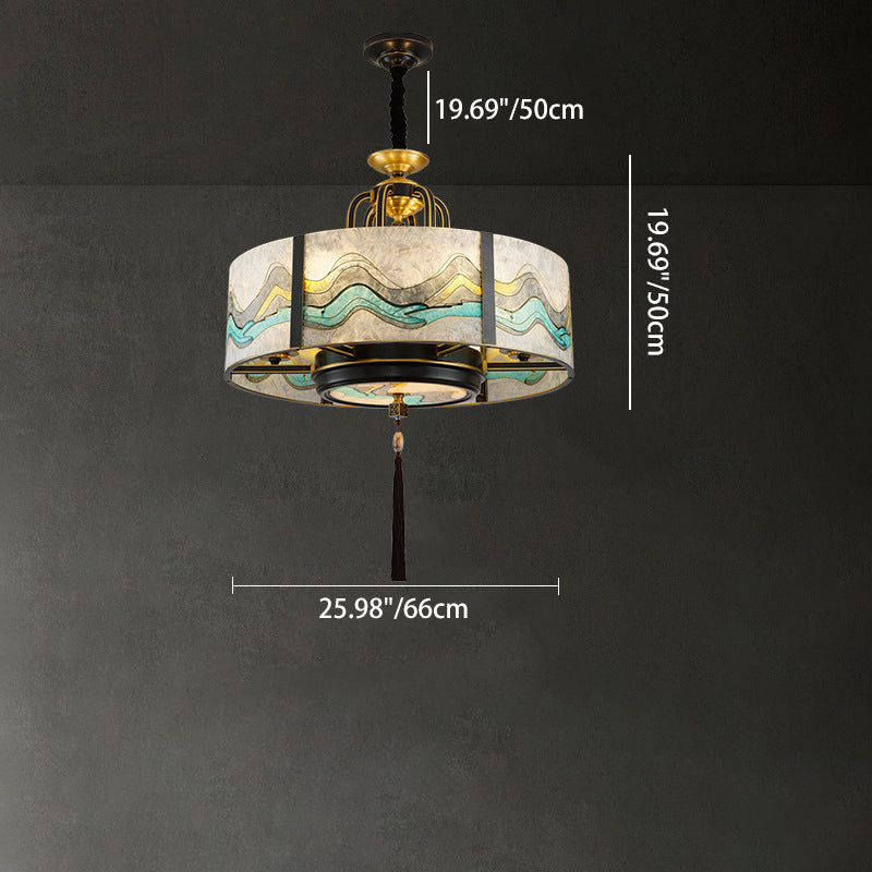 Cylindre en verre émaillé chinois traditionnel avec cadre en laiton 4/6 lumières lustre pour salon 