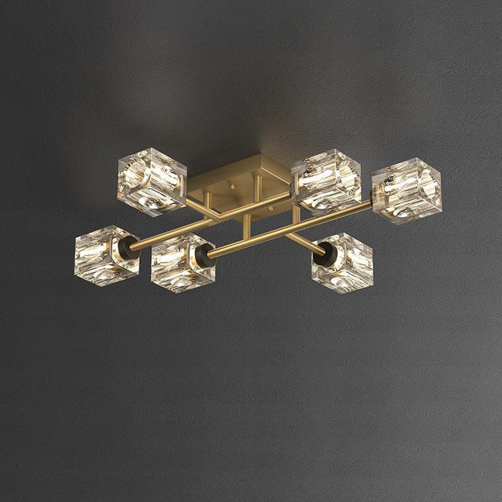 Luminaire de plafond semi-encastré contemporain de luxe branche rectangulaire en cuivre massif avec cristal 4/6/8 lumières pour salon 