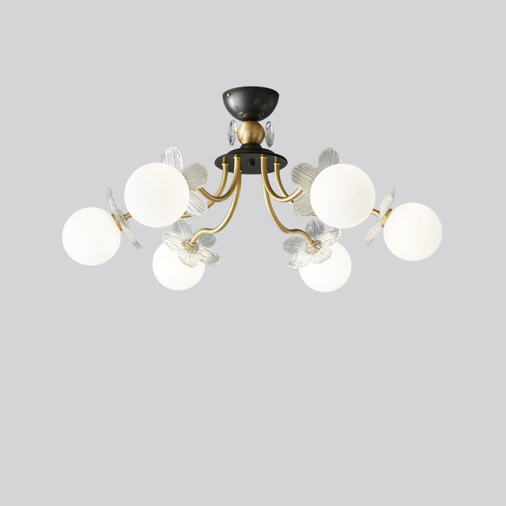 Contemporary Luxury Full Copper Petal Glass Shade 3/6/8-Light Semi-Flush Mount Ceiling Light For Living Room