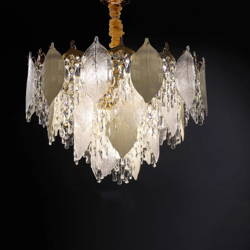 Zeitgenössische Luxus Blatt Kristall Glas Eisen Keramik 9/15/16 Licht Kronleuchter Für Wohnzimmer 