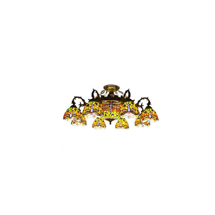Tiffany Retro Beige Barock Buntglas 11-Licht Semi-Flush Mount Deckenleuchte 