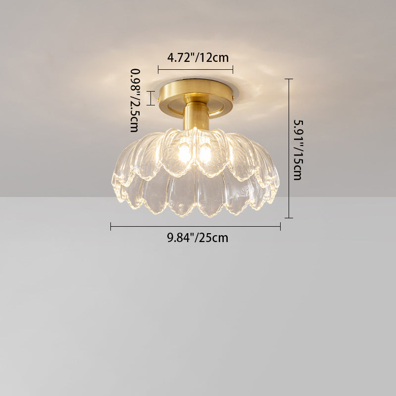 Modern Minimalist Flower Petal Lotus Leaf Copper Glass 1-Light Semi-Flush Mount Ceiling Light For Hallway