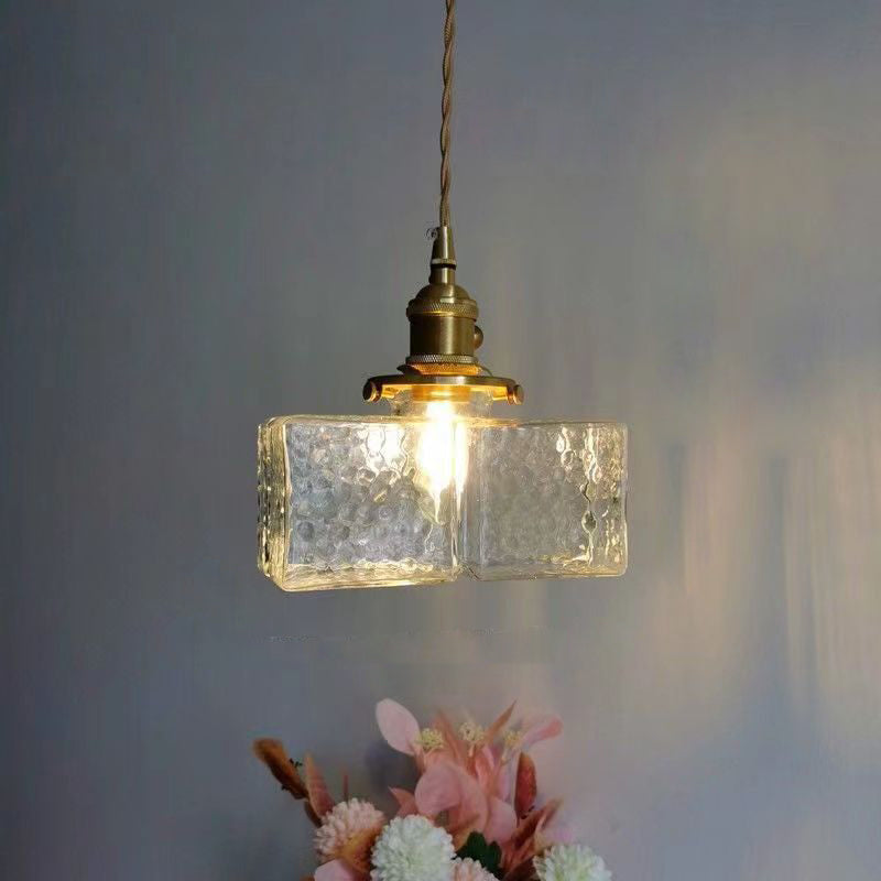 Pantalla de Cubo de Vidrio Japonés Tradicional Latón 1 Luz Colgante para Sala de Estar 