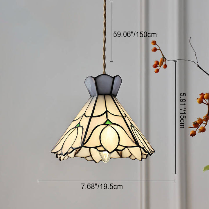 Vintage Tiffany Rose Flower Conical Stained Glass 1-Light Pendant Light