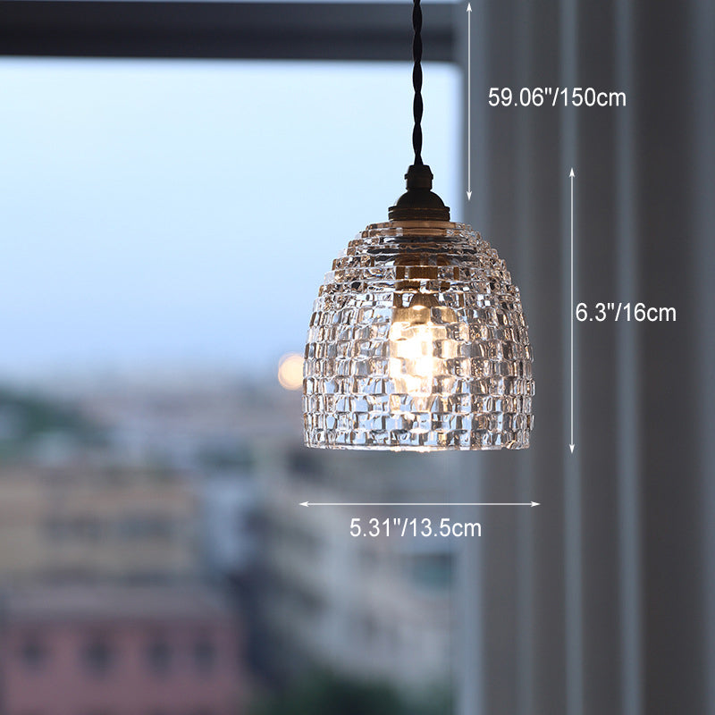 Lámpara colgante de 1 luz con forma de flor de vidrio a cuadros de latón francés tradicional para sala de estar 