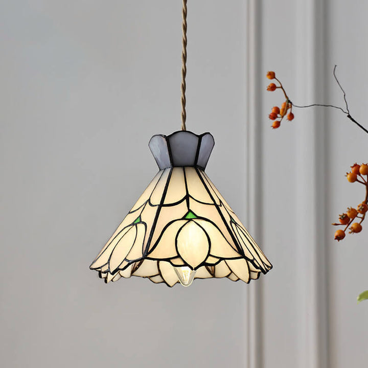 Vintage Tiffany Rose Flower Conical Buntglas 1-Licht Pendelleuchte 