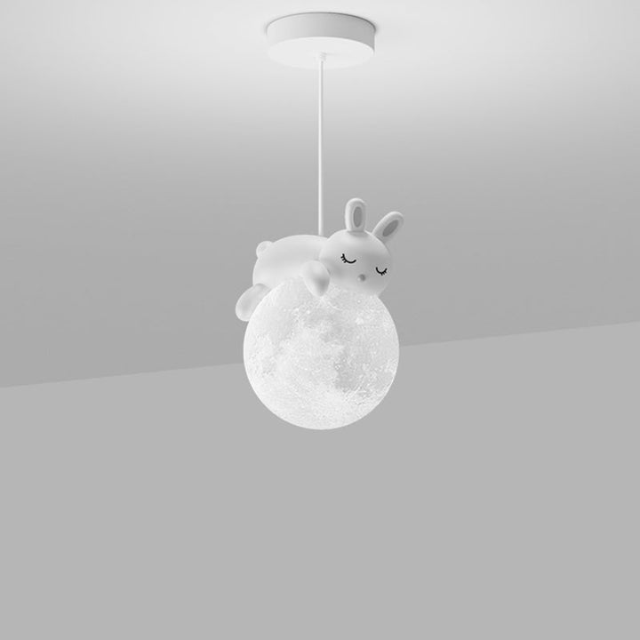 Lámpara colgante contemporánea creativa de resina con forma de conejo y luna de 1 luz para niños, para sala de estar 