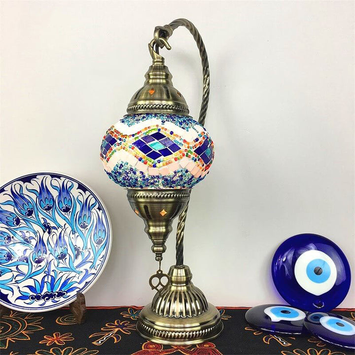 Traditional Vintage Handmade Stained Glass Metal Jar Swan 1-Light Table Lamp for Living Room