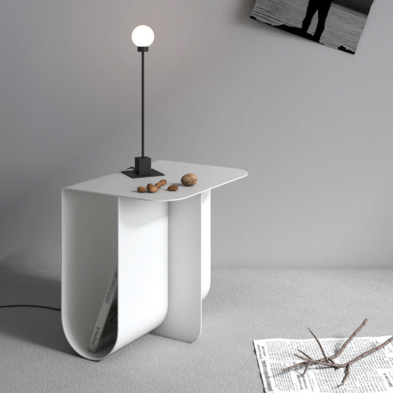 Mesa Auxiliar Moderna Minimalista Redonda Rectangular en Forma de T de Hierro y Acero Inoxidable con 1 Almacenamiento para Dormitorio 