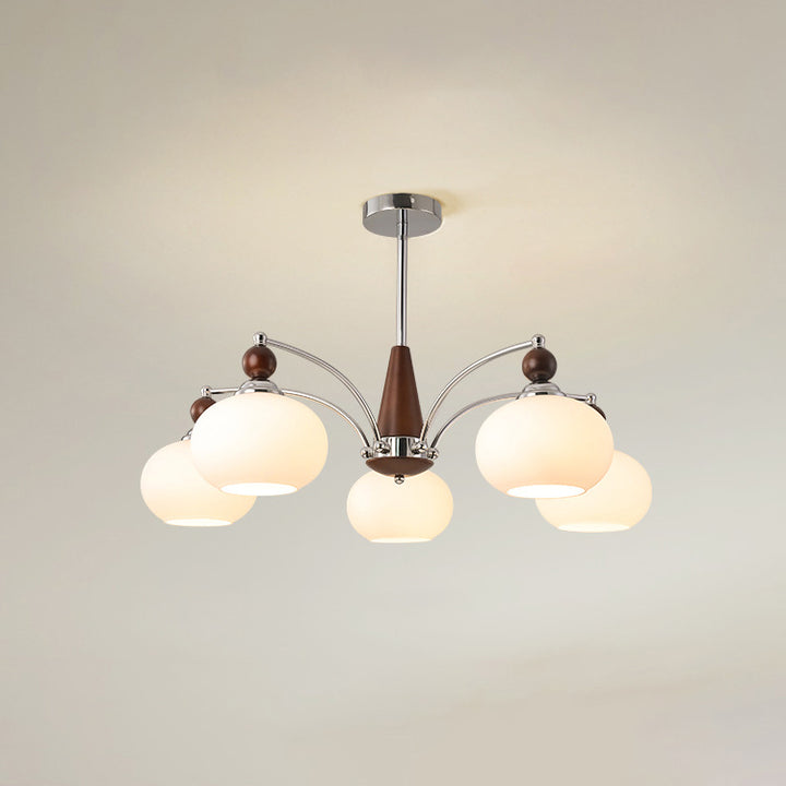 Modern Transitional Glass Round Shade Solid Wood Branch 3/5/6/8 Light Chandelier For Living Room