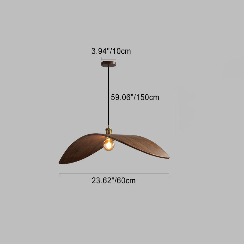 Traditionelle japanische Pendelleuchte mit 1 Licht und Walnussholzmaserung in Blattform für Esszimmer 
