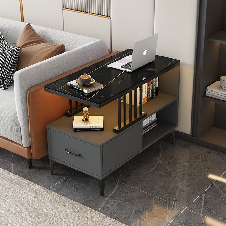 Rechteckiger Beistelltisch im zeitgenössisch-schlichten Design mit Glasplatte, 2-stufigem MDF-Schrank für das Wohnzimmer 