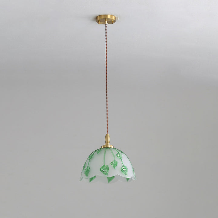 Traditional French Bowl Leaves Copper Glass 1-Light Pendant Light For Dining Room
