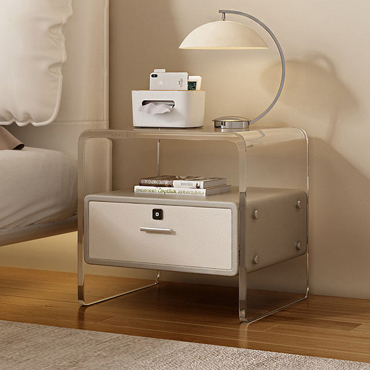 Modern Minimalist Cubic Rectangular Acrylic Pine Wood Microfiber Leather Nightstand 1-Drawer For Bedside