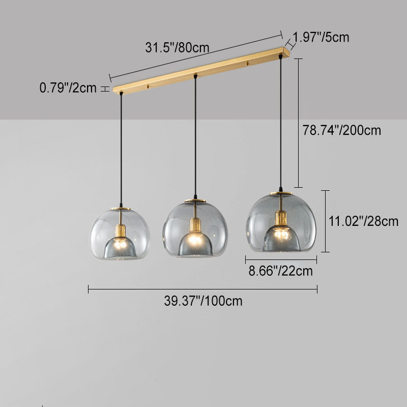Contemporary Scandinavian Round Copper Glass 1/3 Light Island Light Chandelier For Dining Room