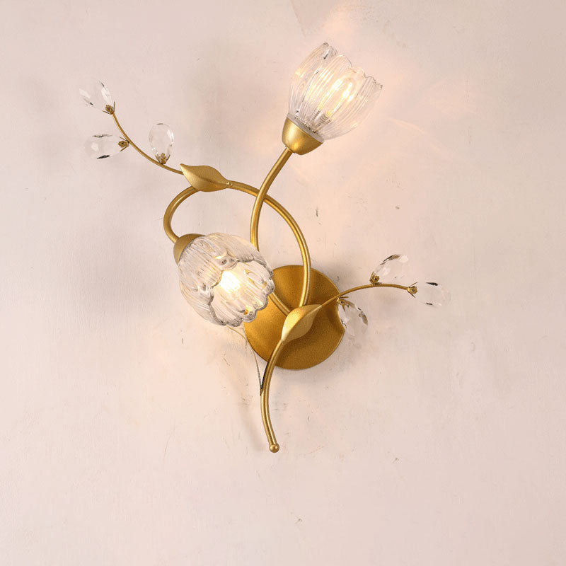 Modern Art Deco Flower Hardware Glass Crystal 2-Light Wall Sconce Lamp For Living Room