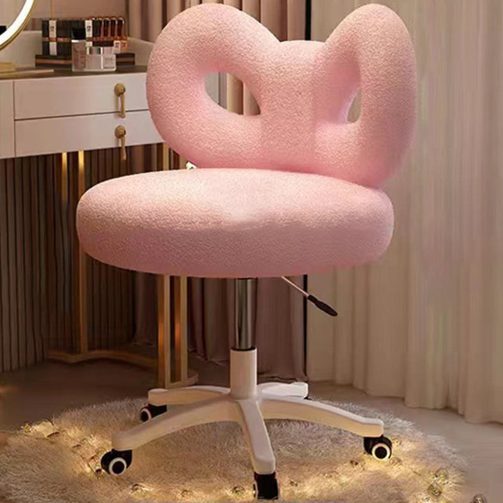 Moderner Art-Deco-Schmetterlingsknoten runder Sherpa-Stoff-Kunstleder-Metall-Schminktischhocker mit Rückenlehne, ohne Armlehnen, für das Schlafzimmer 