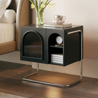 Table de chevet moderne minimaliste rectangulaire en verre avec panneau en bois et acier inoxydable à 3 tiroirs pour chambre 