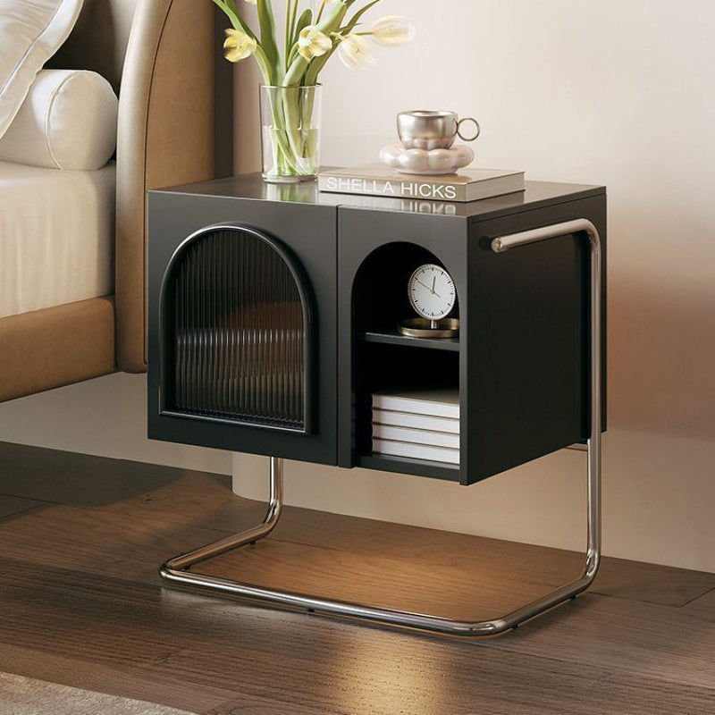 Table de chevet moderne minimaliste rectangulaire en verre avec panneau en bois et acier inoxydable à 3 tiroirs pour chambre 