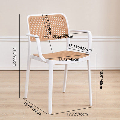 Chaise de salle à manger empilable en plastique ressemblant à du rotin carré à la simplicité contemporaine avec accoudoirs et dossier pour salle à manger 