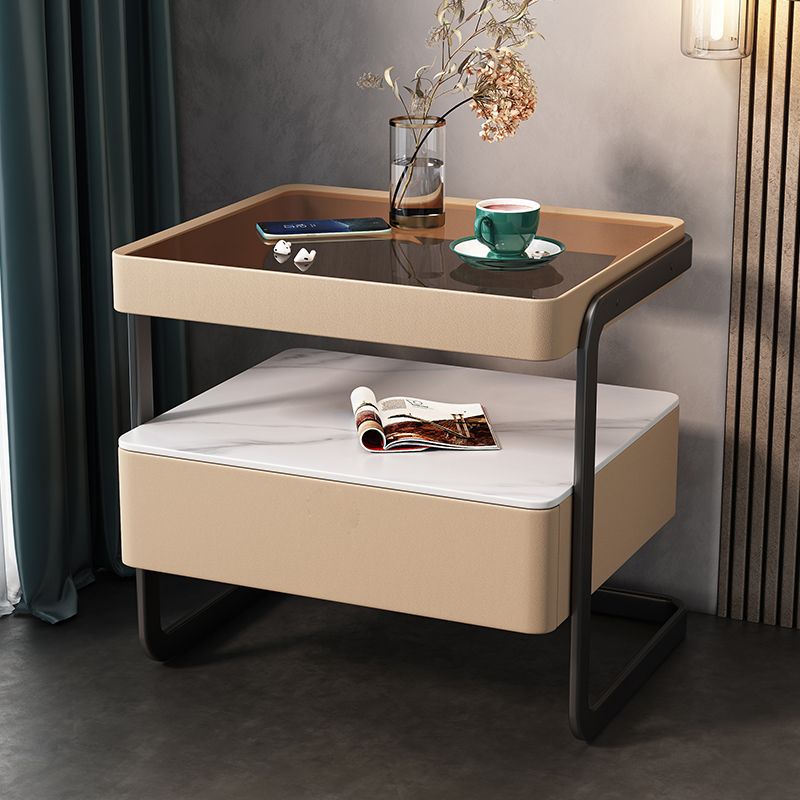 Table de nuit moderne minimaliste rectangulaire en verre trempé avec serrure et 1 tiroir pour chambre 