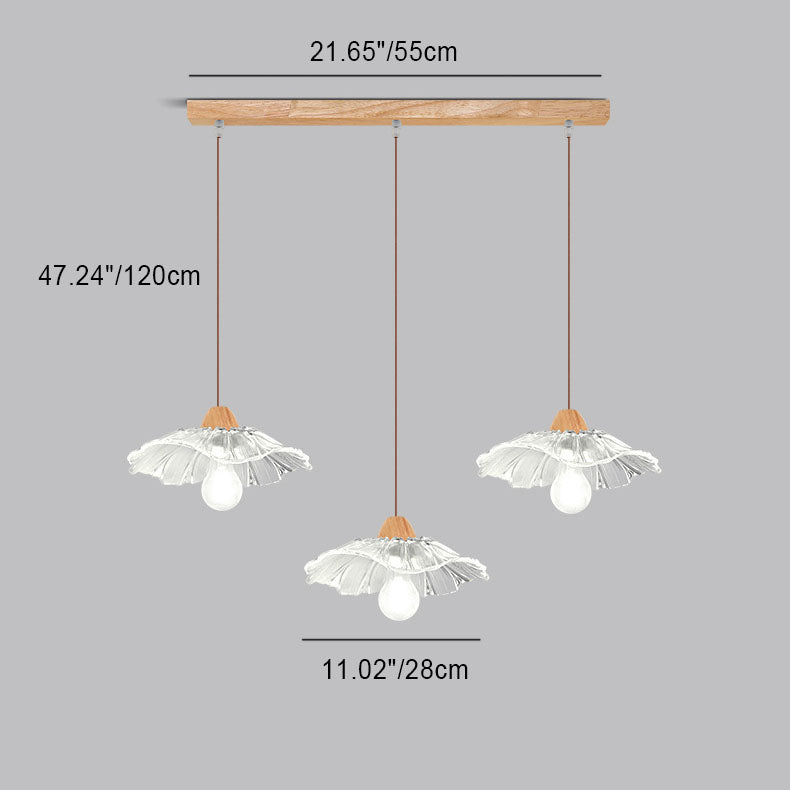Art déco moderne en bois avec abat-jour en verre en forme de feuille de lotus, lustre à 1/3 lumières pour chambre à coucher 