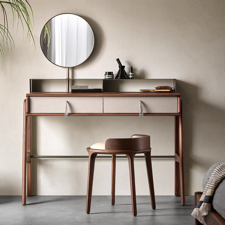 Tabouret de coiffeuse sans dossier traditionnel vintage rond en cuir PU avec cadre en bois rembourré pour chambre 