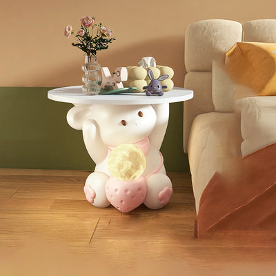 Moderner Art Deco Kinderhasen-Rundteller Rechteckige Schublade Harz Holz Emaille Nachttisch mit 1 Schublade und LED-Licht für das Schlafzimmer 