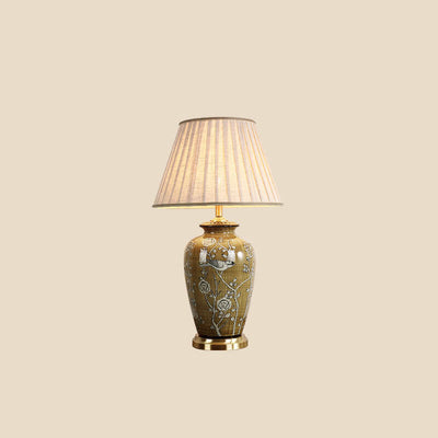 Retro Chinese Ceramic Canvas Shade Copper Base 1-Light Table Lamp