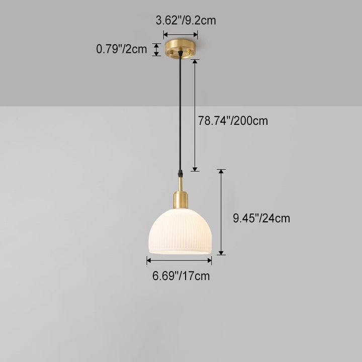 Luminaire suspendu à 1 lumière en verre nervuré rond avec cadre en laiton antique pour salle à manger 