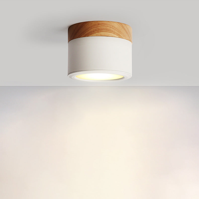 Luz de techo LED de montaje empotrado de cilindro de madera, hierro y acrílico escandinavo contemporáneo para pasillo 