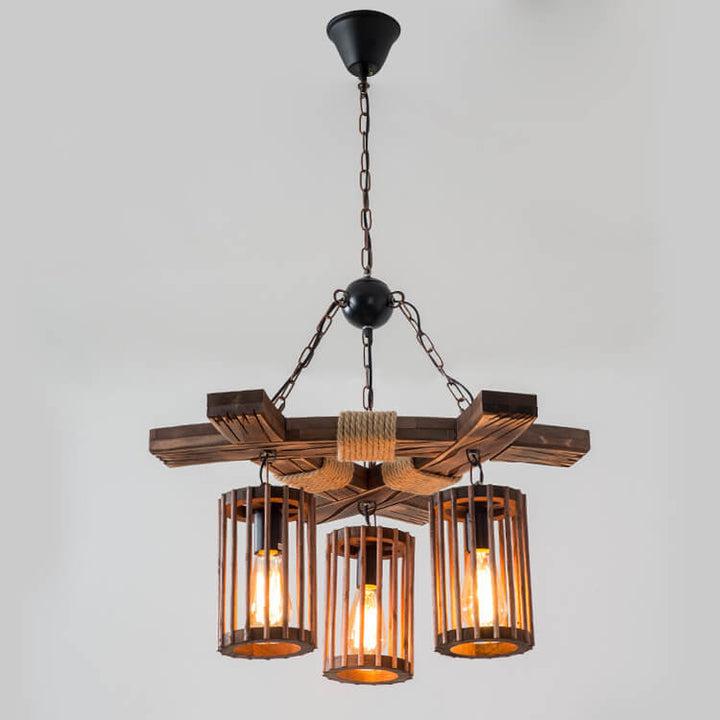 Pantalla de lámpara de jaula de pájaro de madera con cuerda de cáñamo retro, candelabro de 3 luces 